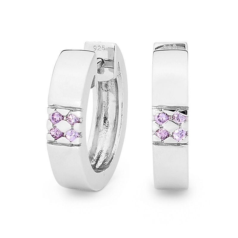 Silver Huggie Style Earrings with Amethyst coloured CZ